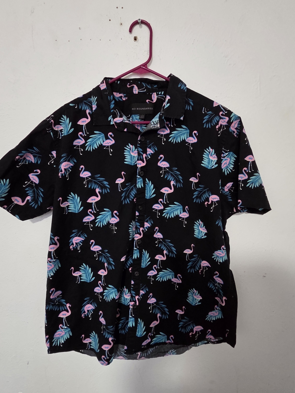 No Boundaries Black Button-Down Shirt with Pink Flamingo & Teal Leaf Print